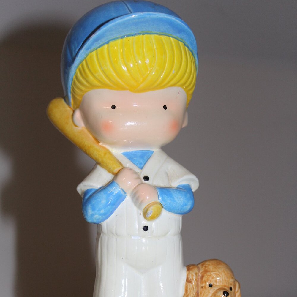 Vintage 1972 Joan Walsh Anglund Baseball Player with Dog and Bat In Ceramic